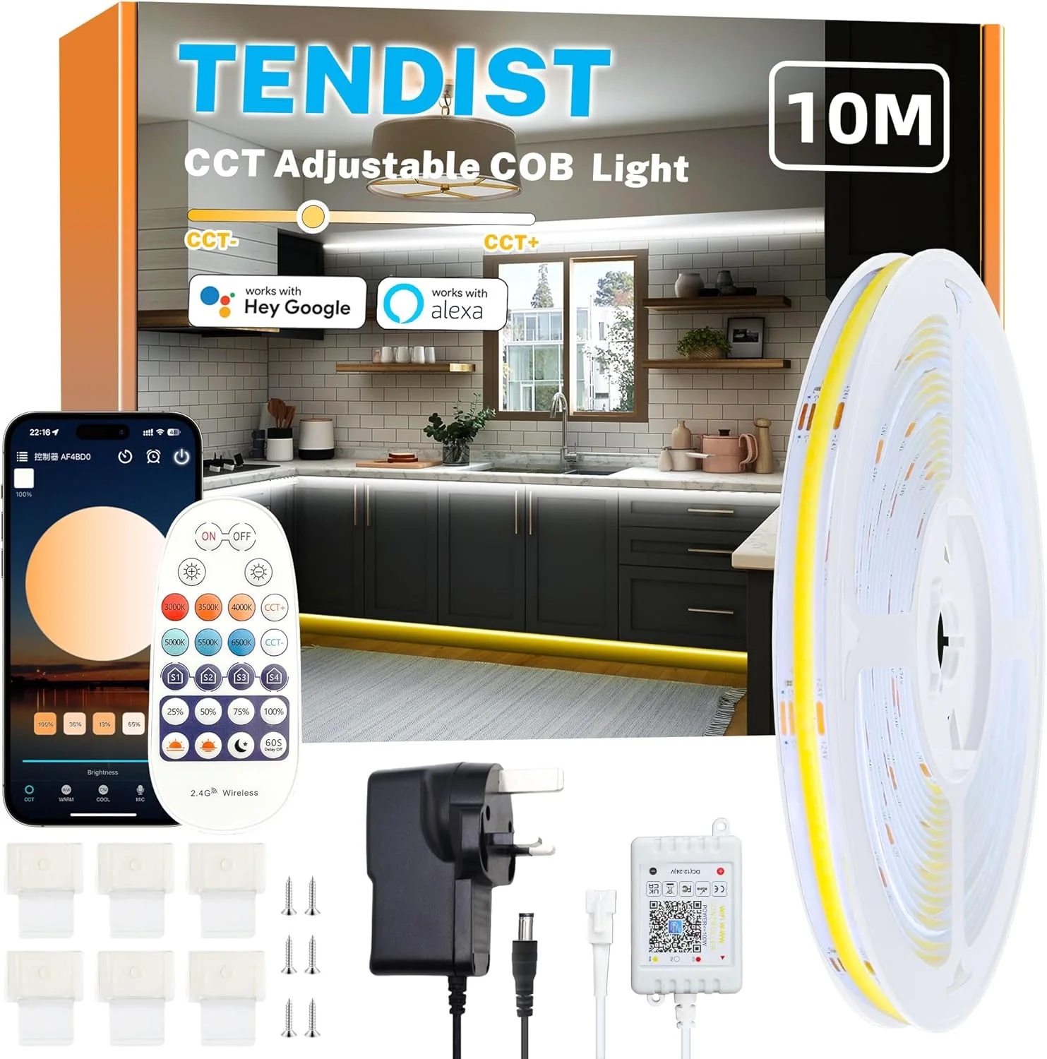 نوار نور ال ای دی COB سفید TENDIST سازگار با WiFi Alexa، 3000k تا 6500k سفید گرم تا سفید سرد، نوار COB فوق العاده روشن دیمر پذیر، نورپردازی کابینت با ریموت و برنامه برای آشپزخانه، اتاق خواب (10 متر)