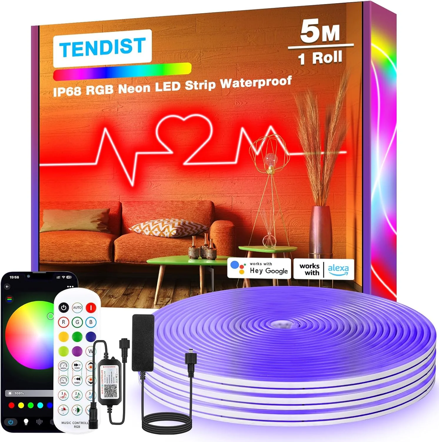 نوار LED نئون RGB تندیست 5 متری برای فضای باز، نوار LED نئون انعطاف پذیر ضد آب IP68 با قابلیت اتصال به وای فای سازگار با الکسا، لامپ همگام سازی موسیقی 24 ولت DIY برای اتاق خواب، مهمانی، پاسیو، دکوراسیون فضای باز