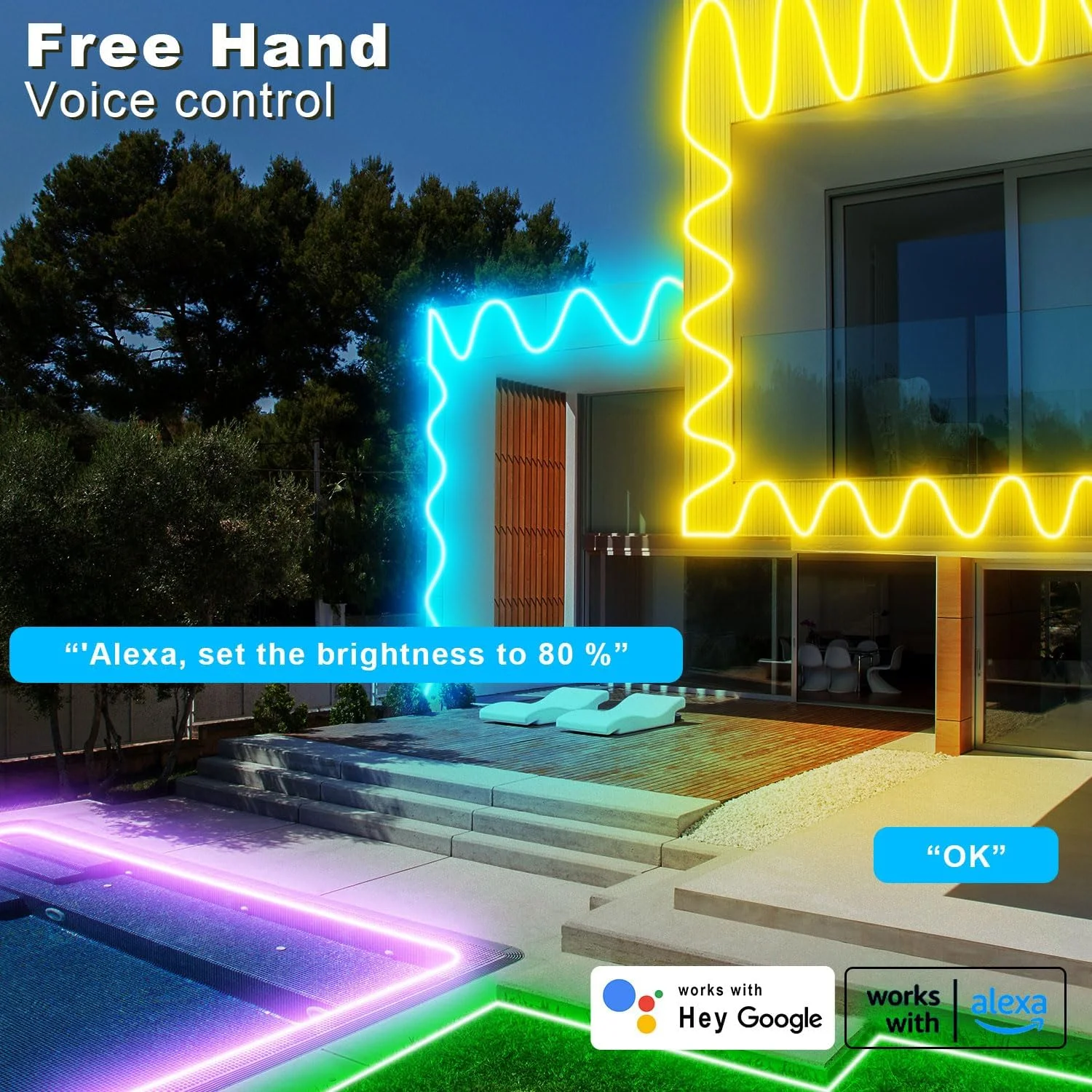 نوار LED نئون RGB تندیست 5 متری برای فضای باز، نوار LED نئون انعطاف پذیر ضد آب IP68 با قابلیت اتصال به وای فای سازگار با الکسا، لامپ همگام سازی موسیقی 24 ولت DIY برای اتاق خواب، مهمانی، پاسیو، دکوراسیون فضای باز