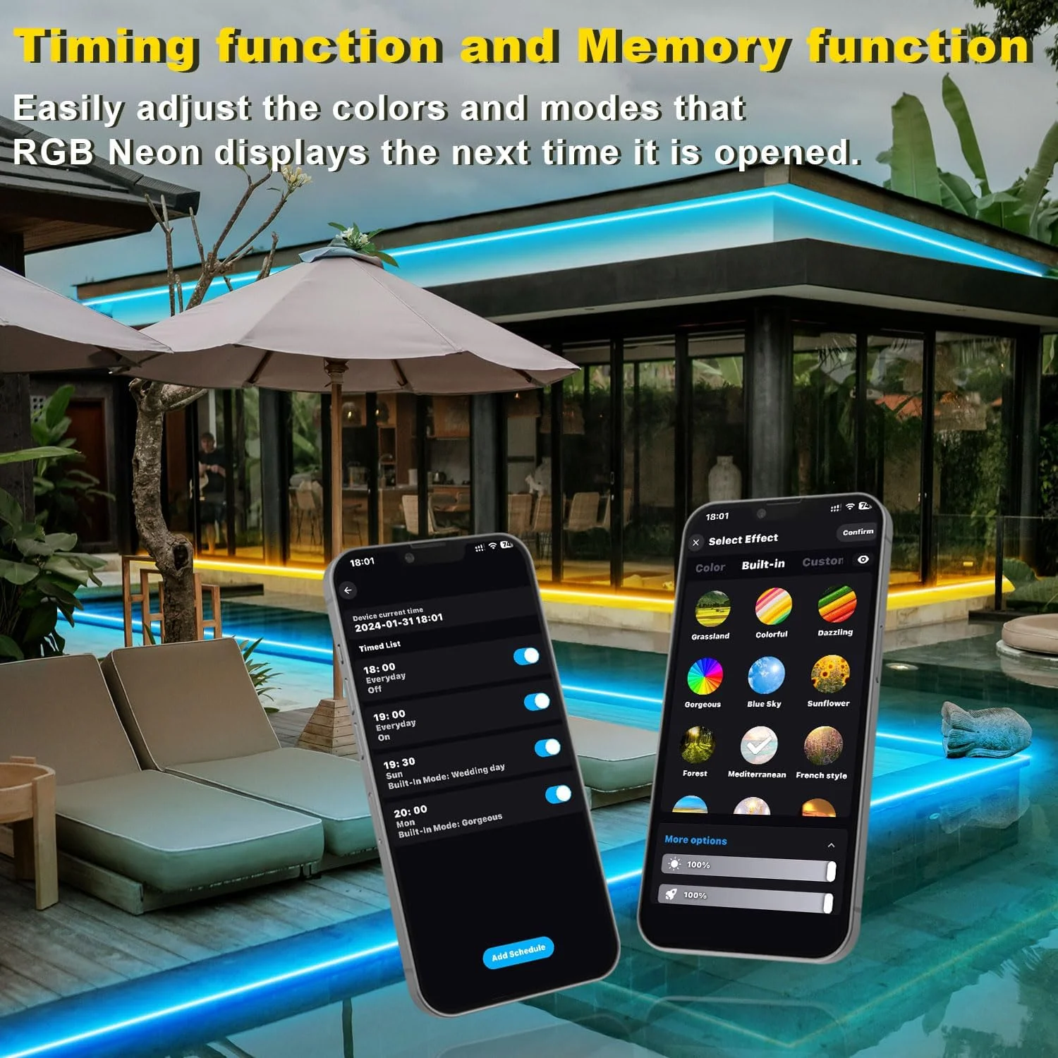 نوار LED نئون RGB تندیست 5 متری برای فضای باز، نوار LED نئون انعطاف پذیر ضد آب IP68 با قابلیت اتصال به وای فای سازگار با الکسا، لامپ همگام سازی موسیقی 24 ولت DIY برای اتاق خواب، مهمانی، پاسیو، دکوراسیون فضای باز