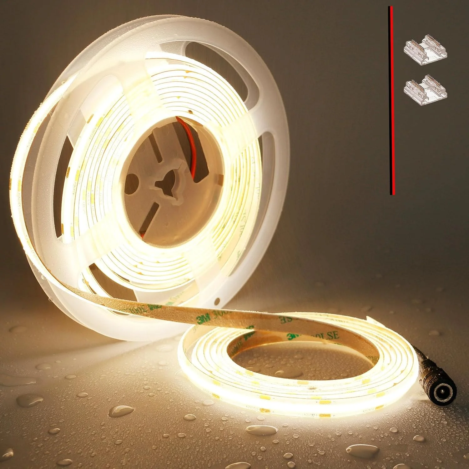 نوار LED COB تاپای 12 ولت سفید گرم ضد آب IP65، نوار LED 5 متری 3000K چسبی، CRI>93، 480LED/M روشنایی 4000 لومن، قابل برش انعطاف پذیر برای آشپزخانه، اتاق خواب، اتاق نشیمن، نورپردازی
