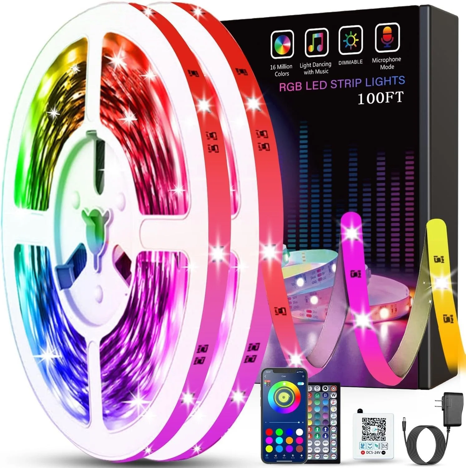 نوار چراغ ال ای دی 30 متری Tenmiro، نوار چراغ بلوتوثی با کنترل از راه دور و برنامه، نور RGB انعطاف پذیر DIY چند رنگ همگام سازی موسیقی زمان بندی برای آشپزخانه، اتاق خواب، دکوراسیون مهمانی (2x15m)
