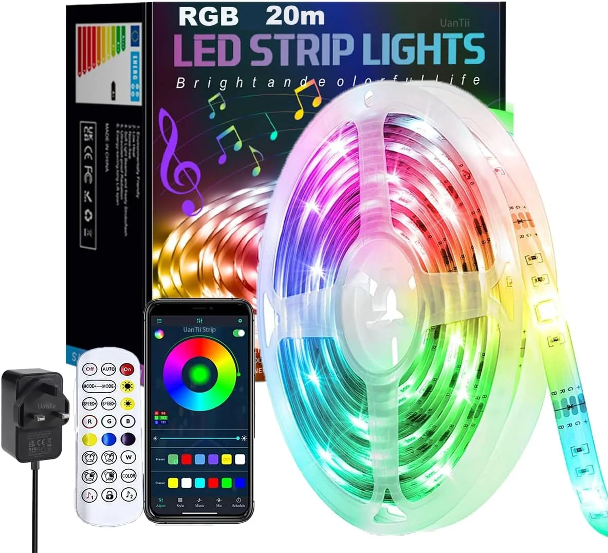 نوار چراغ LED RGB یوآنتی 12 ولت با کنترل اپلیکیشن بلوتوث، همگام سازی موسیقی، تغییر رنگ، چراغ های LED هوشمند برای دکوراسیون منزل، نور پس زمینه تلویزیون (20 متر)