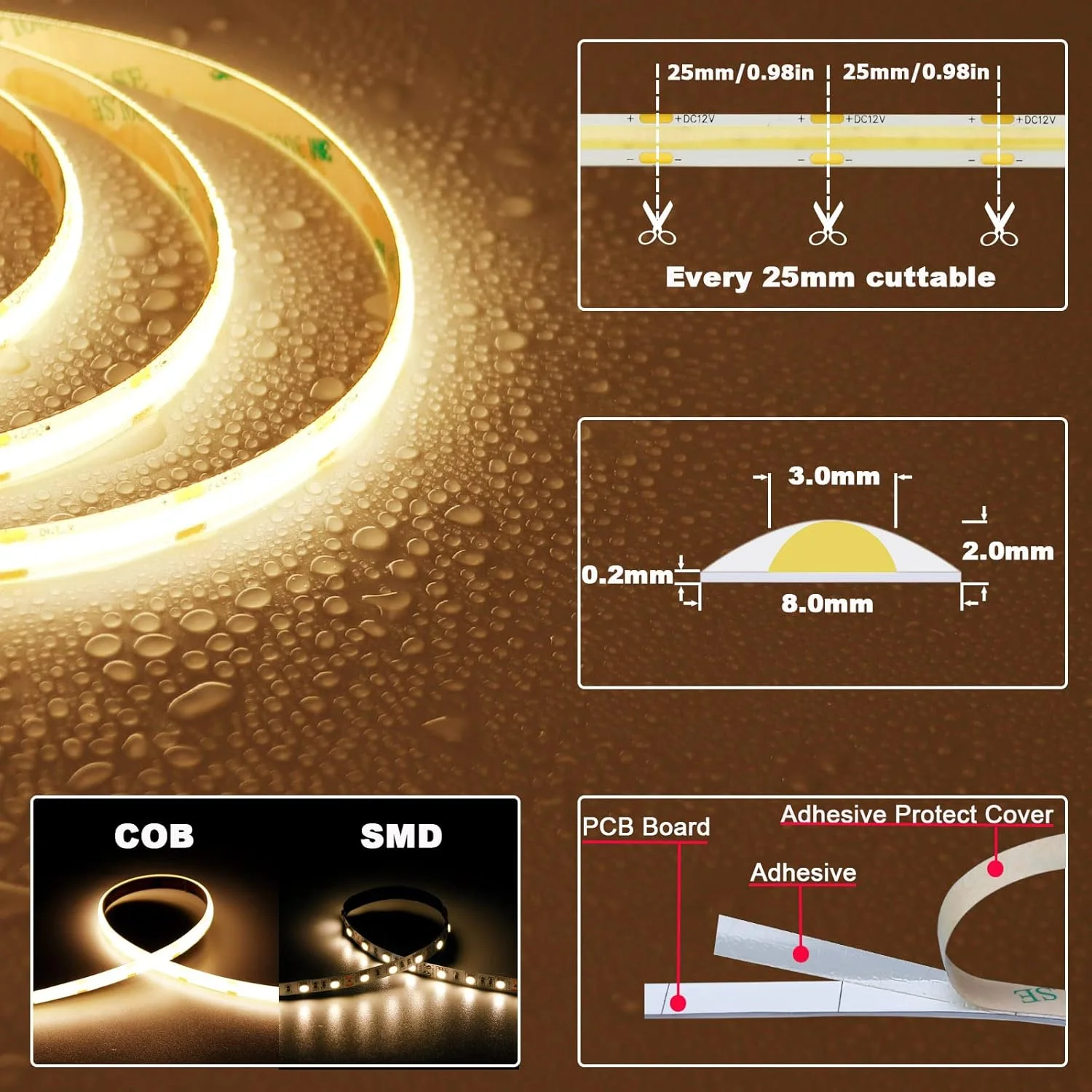 نوار LED COB تاپای 12 ولت سفید گرم ضد آب IP65، نوار LED 5 متری 3000K چسبی، CRI>93، 480LED/M روشنایی 4000 لومن، قابل برش انعطاف پذیر برای آشپزخانه، اتاق خواب، اتاق نشیمن، نورپردازی نوار LED COB تاپای 12 ولت سفید گرم ضد آب IP65، نوار LED 5 متری 3000K چسبی، CRI>93، 480LED/M روشنایی 4000 لومن، قابل برش انعطاف پذیر برای آشپزخانه، اتاق خواب، اتاق نشیمن، نورپردازی