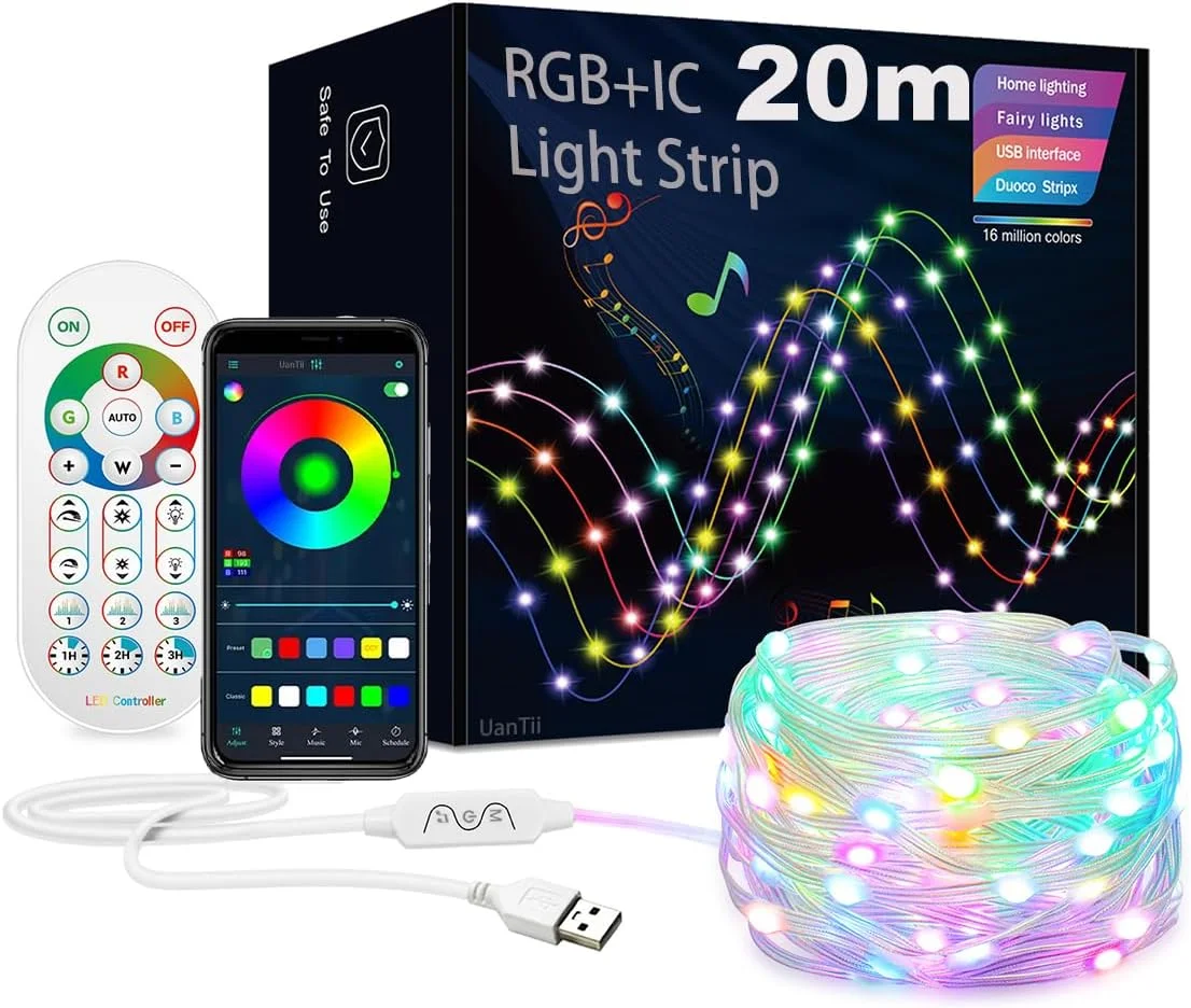 ریسه ال ای دی USB 5V RGBIC UanTii با کنترل اپلیکیشن بلوتوث، موزیکال و رنگی، مناسب جشن تولد و دکوراسیون منزل (20 متر)