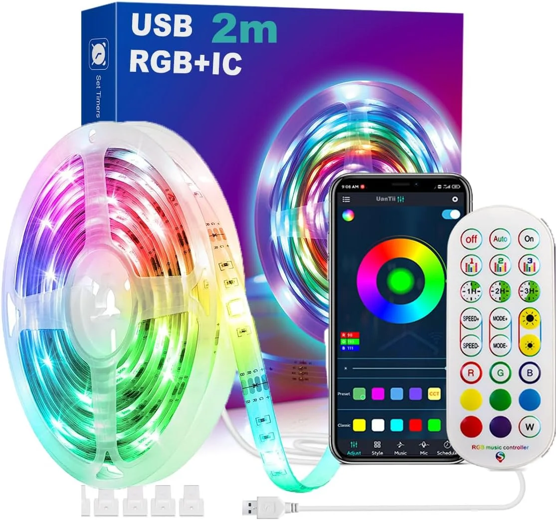 نوار نور هوشمند USB 5V UanTii، نوار چراغ LED RGBIC بلوتوث دار، همگام سازی موسیقی زمان بندی شده با کنترل از راه دور، کنترل برنامه بلوتوث برای نور پس زمینه تلویزیون اتاق خواب، سقف اتاق بازی (2 متر)