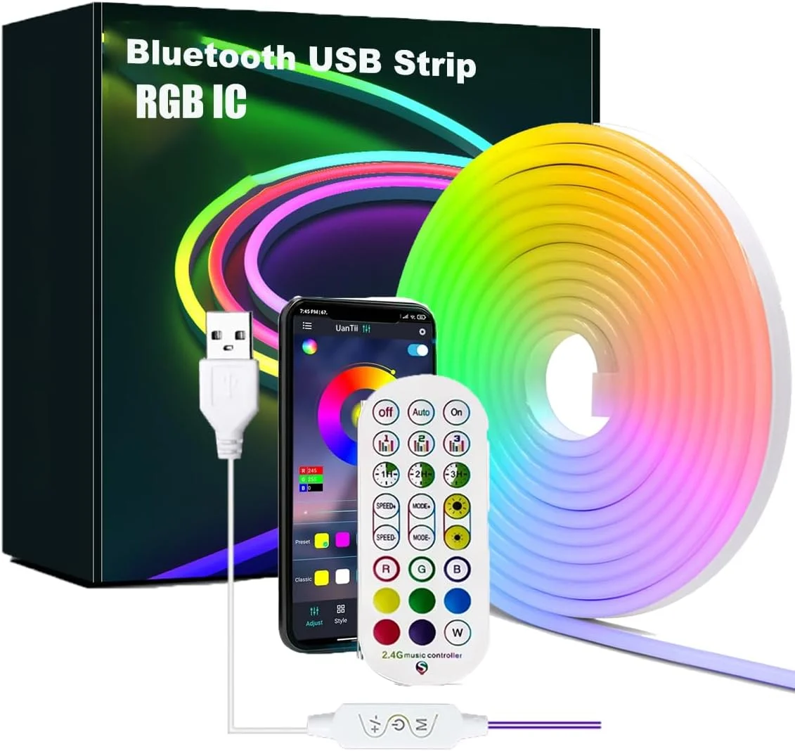 چراغ نواری نئون RGBIC UanTii، 5 ولت USB با کنترل اپلیکیشن بلوتوث، زمان‌بندی همگام‌سازی موسیقی، تغییر رنگ ضد آب، نوار نور نئون قابل انعطاف برای اتاق خواب و دکوراسیون منزل (2 متر)