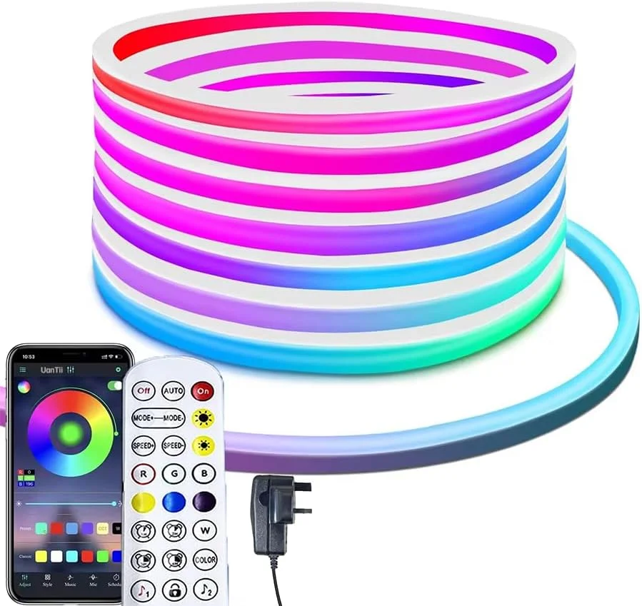 نوار نور نئون هوشمند RGB UanTii با کنترل از راه دور بلوتوث، نوار نور LED DIY صحنه موسیقی زمان بندی IP65 ضد آب (20 متر)
