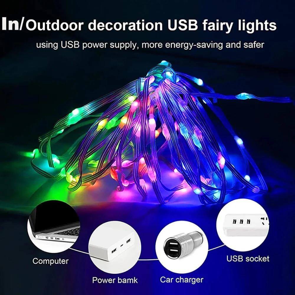 ریسه ال ای دی USB 5V RGBIC UanTii با کنترل اپلیکیشن بلوتوث، موزیکال و رنگی، مناسب جشن تولد و دکوراسیون منزل (20 متر)