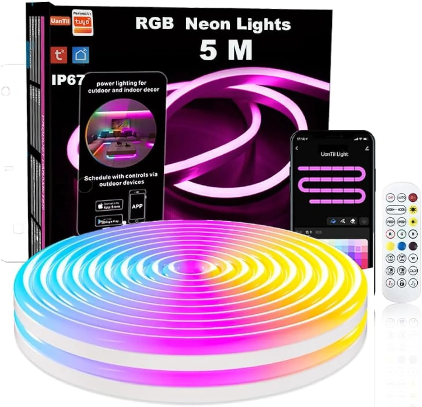 نور نئون طنابی RGB UanTii، چراغ‌های نواری Tuya Wifi، ضد آب IP67، همگام‌سازی موسیقی، طراحی DIY، کار با الکسا، دستیار گوگل، نوار نور الکسا برای دکوراسیون دیوار اتاق خواب (RGB 5M)