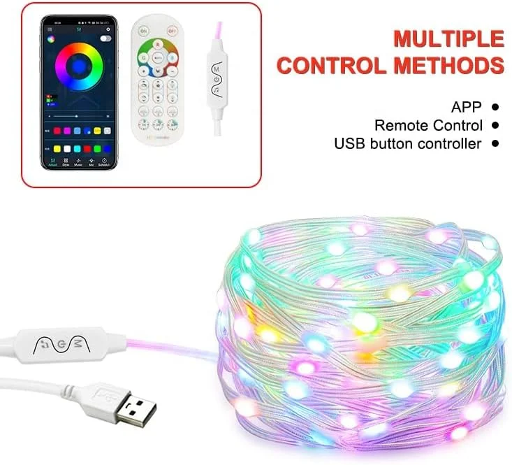 ریسه ال ای دی USB 5V RGBIC UanTii با کنترل اپلیکیشن بلوتوث، موزیکال و رنگی، مناسب جشن تولد و دکوراسیون منزل (20 متر)