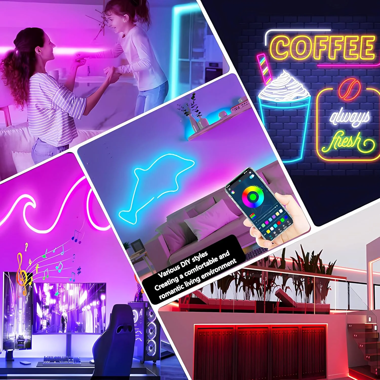 نوار نور نئون هوشمند RGB UanTii با کنترل از راه دور بلوتوث، نوار نور LED DIY صحنه موسیقی زمان بندی IP65 ضد آب (20 متر) نوار نور نئون هوشمند RGB UanTii با کنترل از راه دور بلوتوث، نوار نور LED DIY صحنه موسیقی زمان بندی IP65 ضد آب (20 متر)