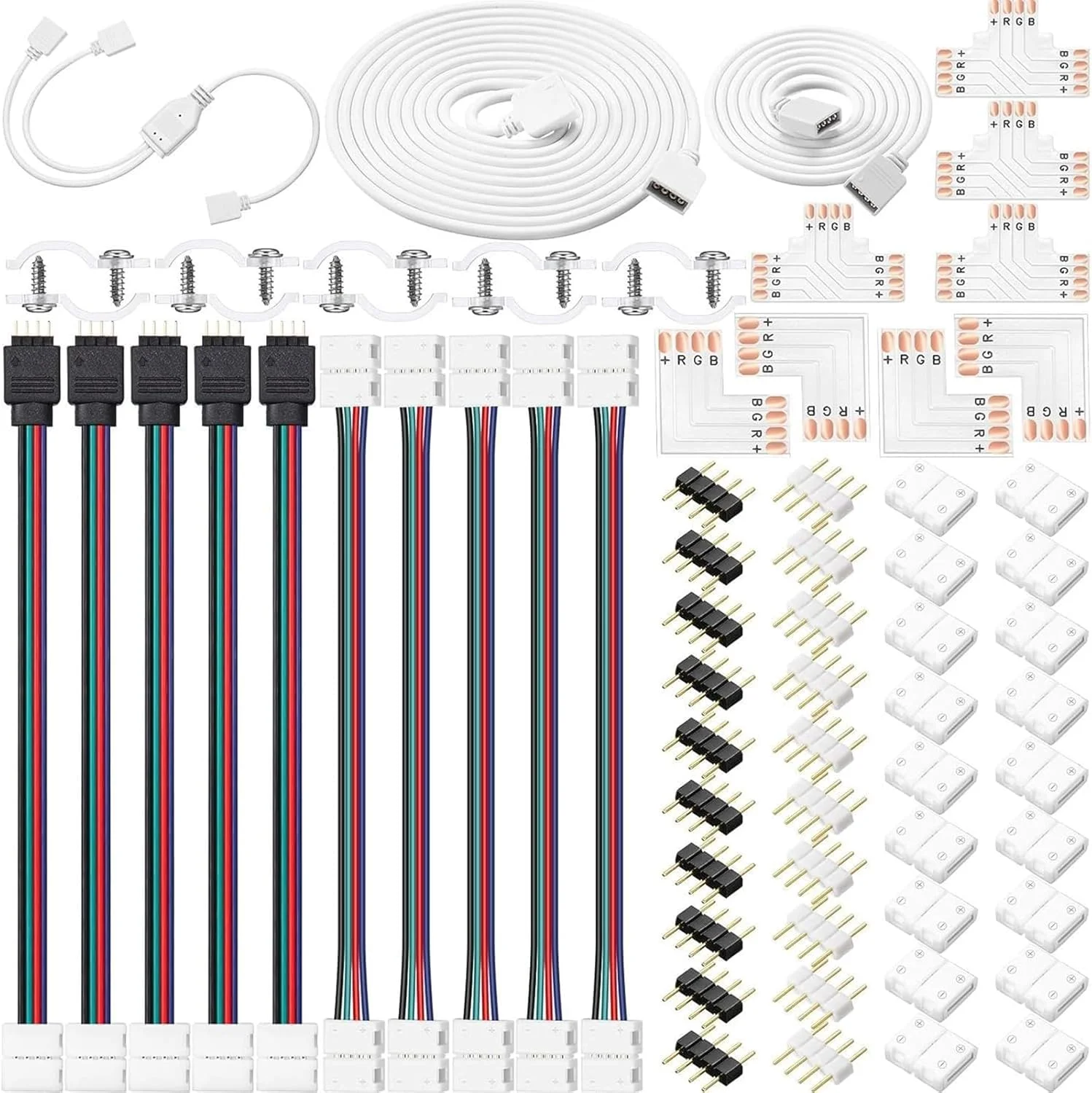 THE WHITE SHOP کیت اتصال نوار LED 4 پین 10 میلی‌متری، کابل توسعه، جامپر نوار LED، اتصالات L، اتصال T، اتصالات بدون شکاف