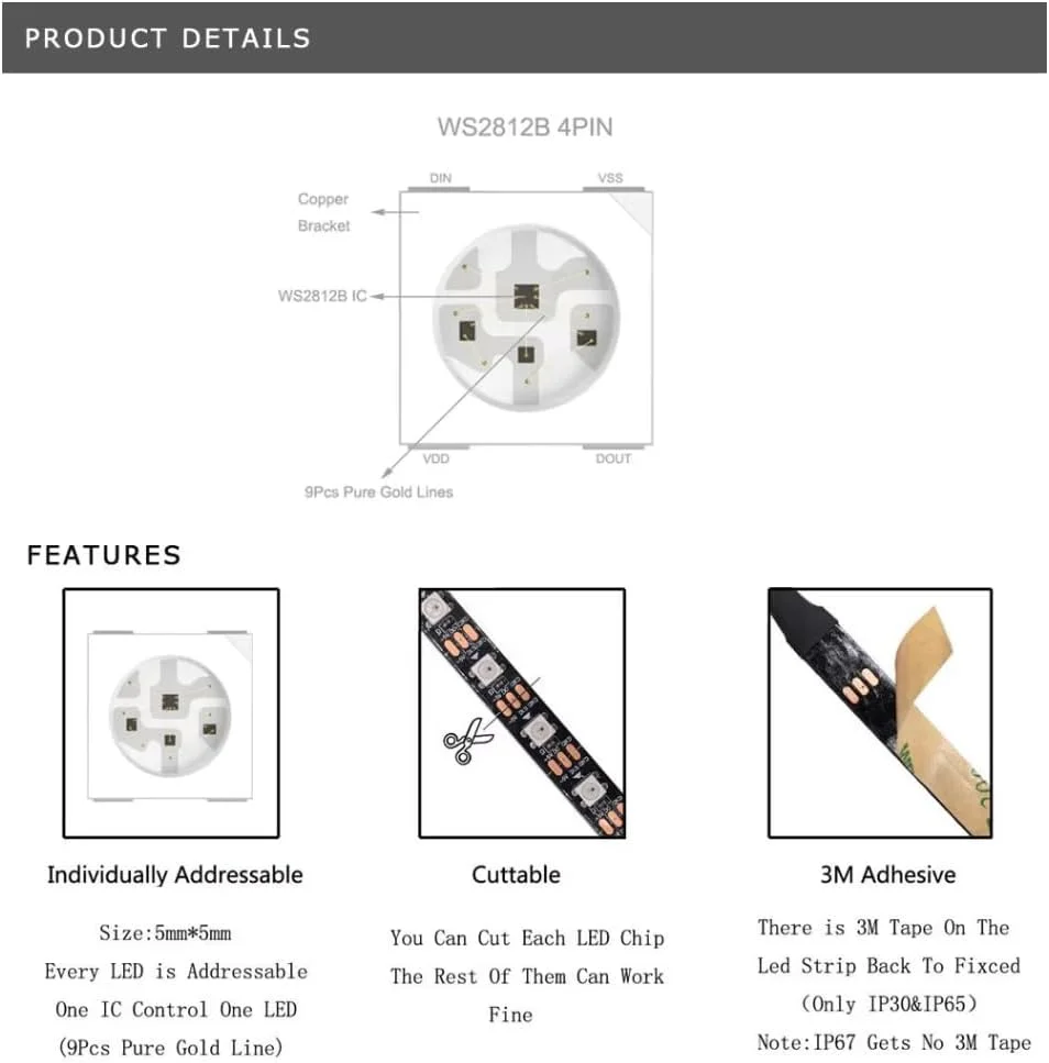 نوار LED WS2812B RGB با قابلیت آدرس دهی تکی، نوار LED DC 5V با PCB مشکی (رول 5 متری) نوار LED WS2812B RGB با قابلیت آدرس دهی تکی، نوار LED DC 5V با PCB مشکی (رول 5 متری)