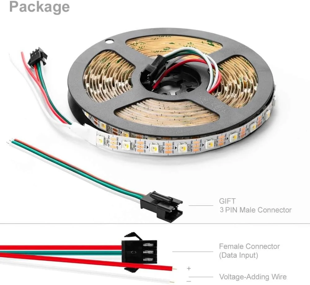نوار LED WS2812B RGB با قابلیت آدرس دهی تکی، نوار LED DC 5V با PCB مشکی (رول 5 متری) نوار LED WS2812B RGB با قابلیت آدرس دهی تکی، نوار LED DC 5V با PCB مشکی (رول 5 متری)