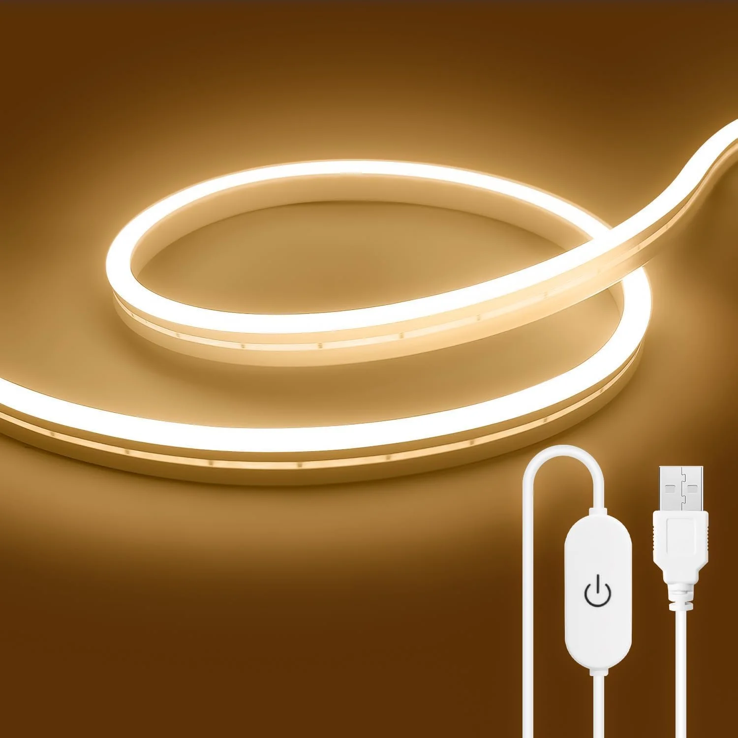 چراغ نواری LED لمسی USB YUHUF، سفید گرم 3000K، 5 ولت 3 متر 360 LED، چراغ های طنابی نئون با روشنایی بالا، نوار نئون ضد آب و دیمر پذیر برای آشپزخانه، اتاق، دکور تلویزیون (سفید گرم)