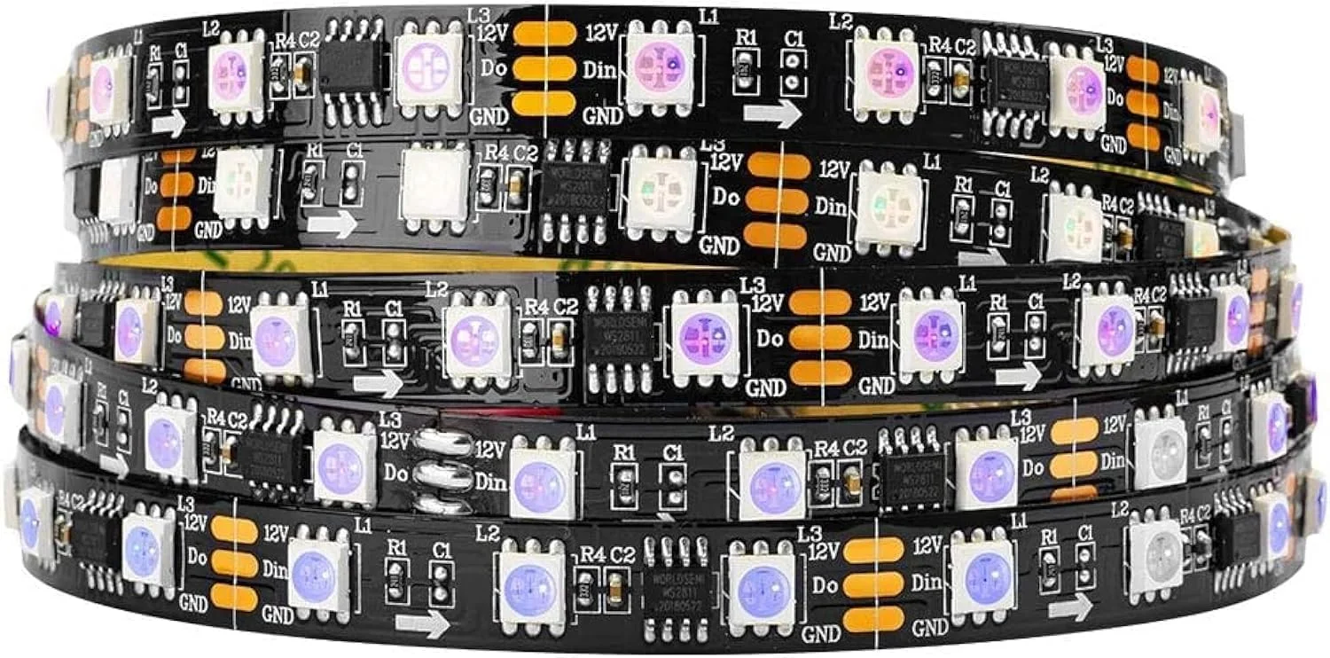 نوار LED رنگی آدرس پذیر WS2811 IC=RGB IC ZPT-ELECTRONICS، طول 5 متر، 60 LED در متر، 20 پیکسل در متر، 300 LED، 100 پیکسل، غیر ضد آب، PCB مشکی انعطاف پذیر DC12V، جلوه تعقیب کننده برای اتاق خواب، میز، دکوراسیون منزل