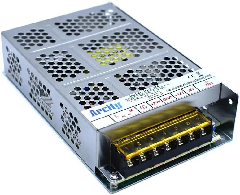 منبع تغذیه سوئیچینگ خروجی Arcity 5V 12V 24V قابل تنظیم برای دستگاه های بازی ویدیویی، کنسول، کوکتل، دوربین مداربسته، کامپیوتر DIY افقی جدید (+5V/8A +12V/8A +24V/3A)