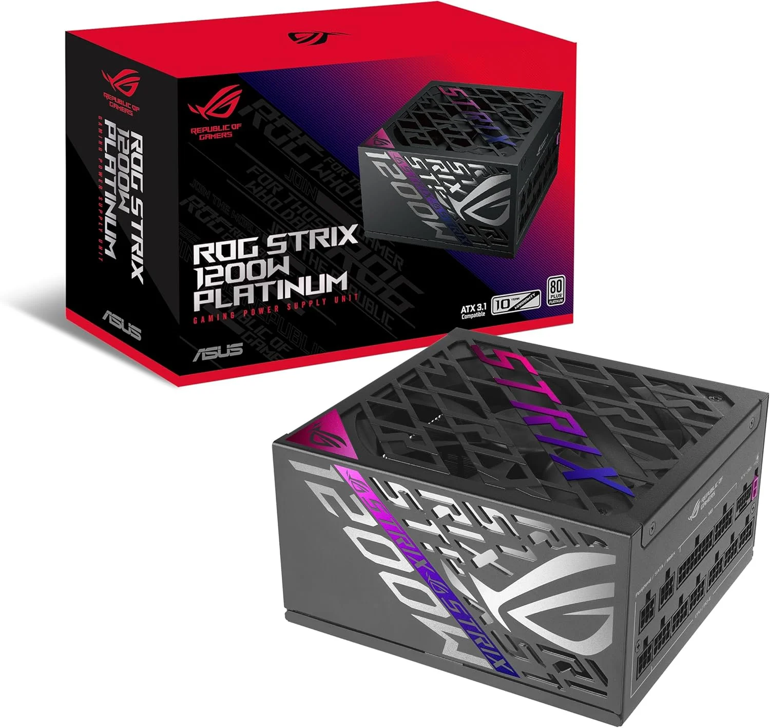منبع تغذیه 1200 وات ASUS ROG STRIX PLATINE (منبع تغذیه کاملاً ماژولار، دارای گواهینامه 80 PLUS PLATINE، ATX 3.1، GaN MOSFET، تنظیم کننده ولتاژ هوشمند، 10 سال گارانتی)