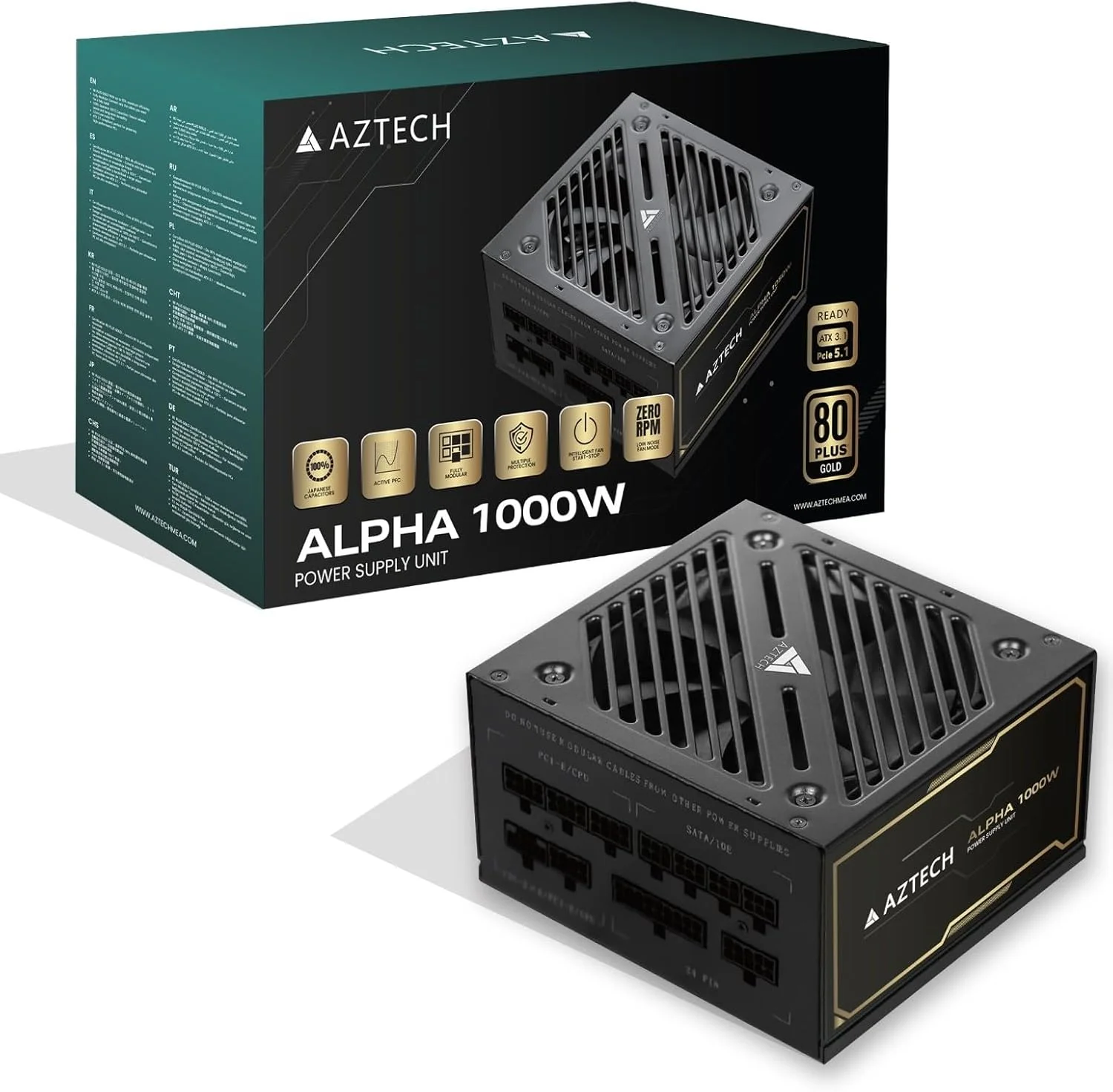 منبع تغذیه 1000W AZTECH ALPHA 80 Plus Gold ATX 3.1 و PCIe 5.1 آماده، کاملاً ماژولار، فن فوق العاده بی صدا، PSU هیبریدی 120 میلی متری، خازن های ژاپنی 105 درجه سانتیگراد، کنترل RPM استارت-استاپ، PSU RTX 40 و Ryzen و Intel