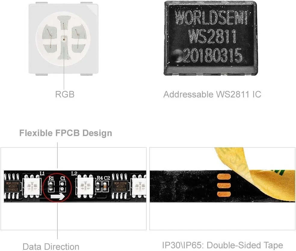 نوار LED رنگی آدرس پذیر WS2811 IC=RGB IC ZPT-ELECTRONICS، طول 5 متر، 60 LED در متر، 20 پیکسل در متر، 300 LED، 100 پیکسل، غیر ضد آب، PCB مشکی انعطاف پذیر DC12V، جلوه تعقیب کننده برای اتاق خواب، میز، دکوراسیون منزل