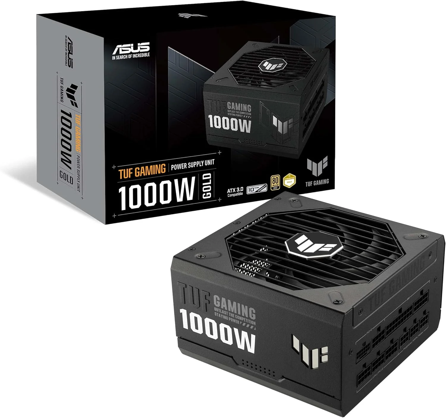 منبع تغذیه 1000 وات ایسوس TUF Gaming Gold، کاملاً ماژولار، دارای گواهینامه 80+ Gold، سازگار با ATX 3.0، قطعات نظامی، بلبرینگ دوگانه، فن Axial-tech - مشکی
