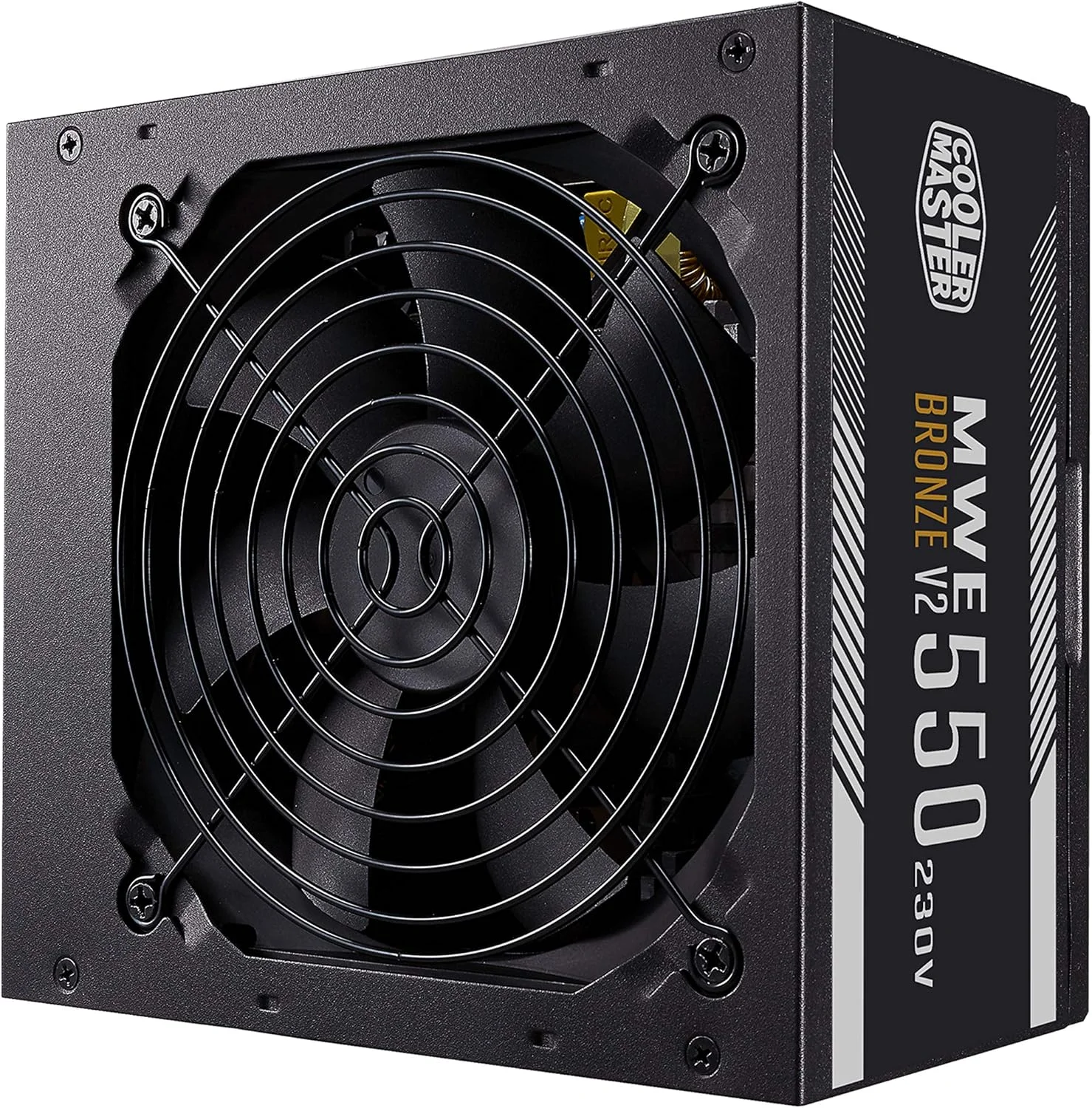 منبع تغذیه کامپیوتر کولر مستر MWE 550 Bronze 230V V2 (دوشاخه EU)، دارای گواهینامه 80 PLUS Bronze، فن HDB حساس به دما، مدار DC-DC + LLC با ریل +12 ولت، غیر ماژولار