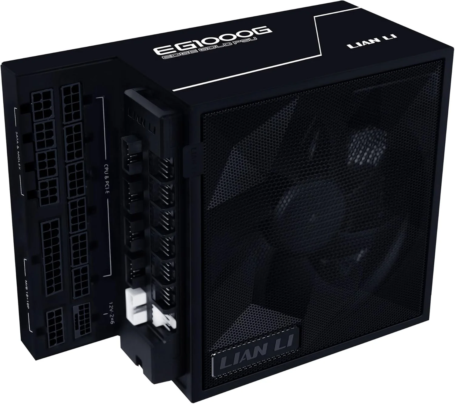 منبع تغذیه کامپیوتر 1000 واتی Lian Li EDGE Gold مشکی، منبع تغذیه ATX، PCIe 5.1، منبع تغذیه ATX 3.1 | 80 PLUS Gold، ماژولار، کیت کابل روکش دار، 12VHPWR برای NVIDIA RTX، فن بی صدا، هاب USB و هاب فن