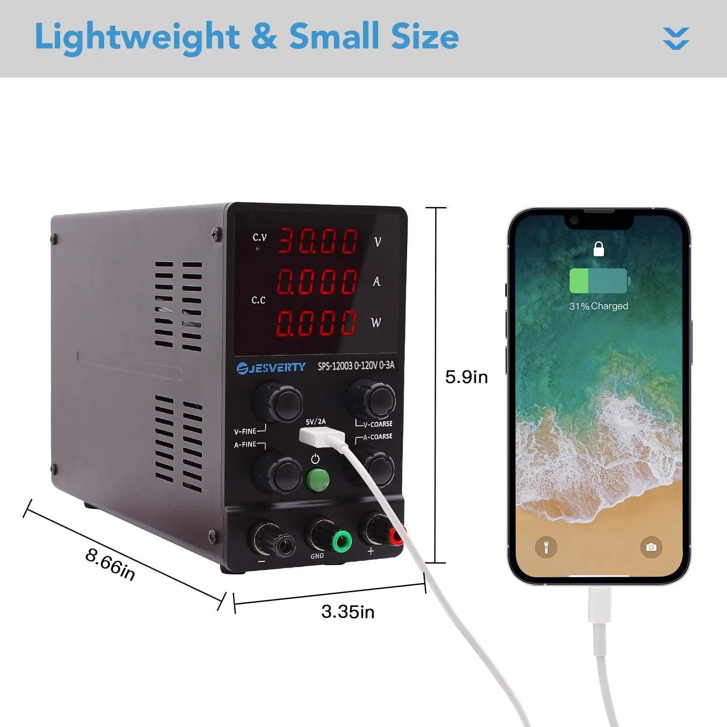 منبع تغذیه DC متغیر Jesverty، 120 ولت 3 آمپر، منبع تغذیه DC قابل تنظیم با نمایشگر LED 4 رقمی با دقت بالا، پورت USB 5 ولت/2 آمپر، ورودی AC220V 50Hz SPS-12003 منبع تغذیه DC متغیر Jesverty، 120 ولت 3 آمپر، منبع تغذیه DC قابل تنظیم با نمایشگر LED 4 رقمی با دقت بالا، پورت USB 5 ولت/2 آمپر، ورودی AC220V 50Hz SPS-12003