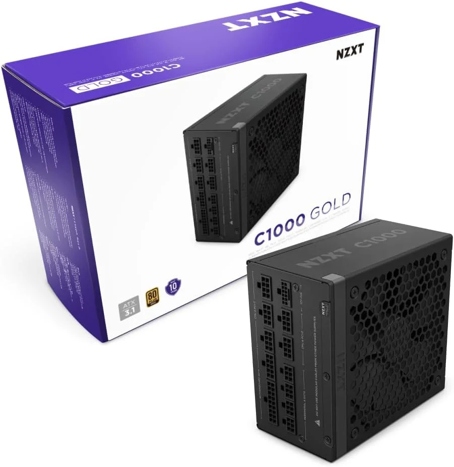 منبع تغذیه کامپیوتر گیمینگ NZXT C1000 Gold ATX 3.1 (2024) - کاملاً ماژولار، کم صدا - 1000 وات - 80 پلاس گلد - کانکتور 12V-2x6 - حالت Zero Fan - خازن های 100% ژاپنی - مشکی - PA-0G2BB-UK