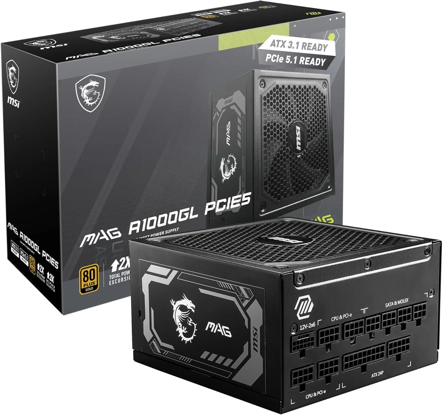 منبع تغذیه ماژولار 1000 وات MSI MAG A1000GL PCIE5 80 PLUS Gold - مشکی | 306-7ZP9B18-CE0