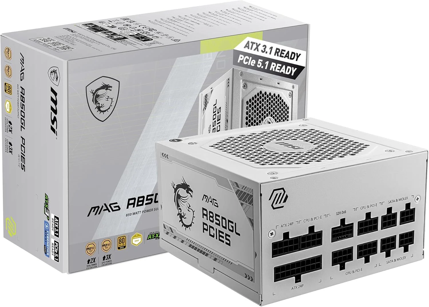 منبع تغذیه گیمینگ ام اس آی MAG 850GL PCIE 5، سفید، کاملاً ماژولار، دارای گواهینامه 80 Plus Gold، توان 850 وات، سایز کامپکت، ATX PSU