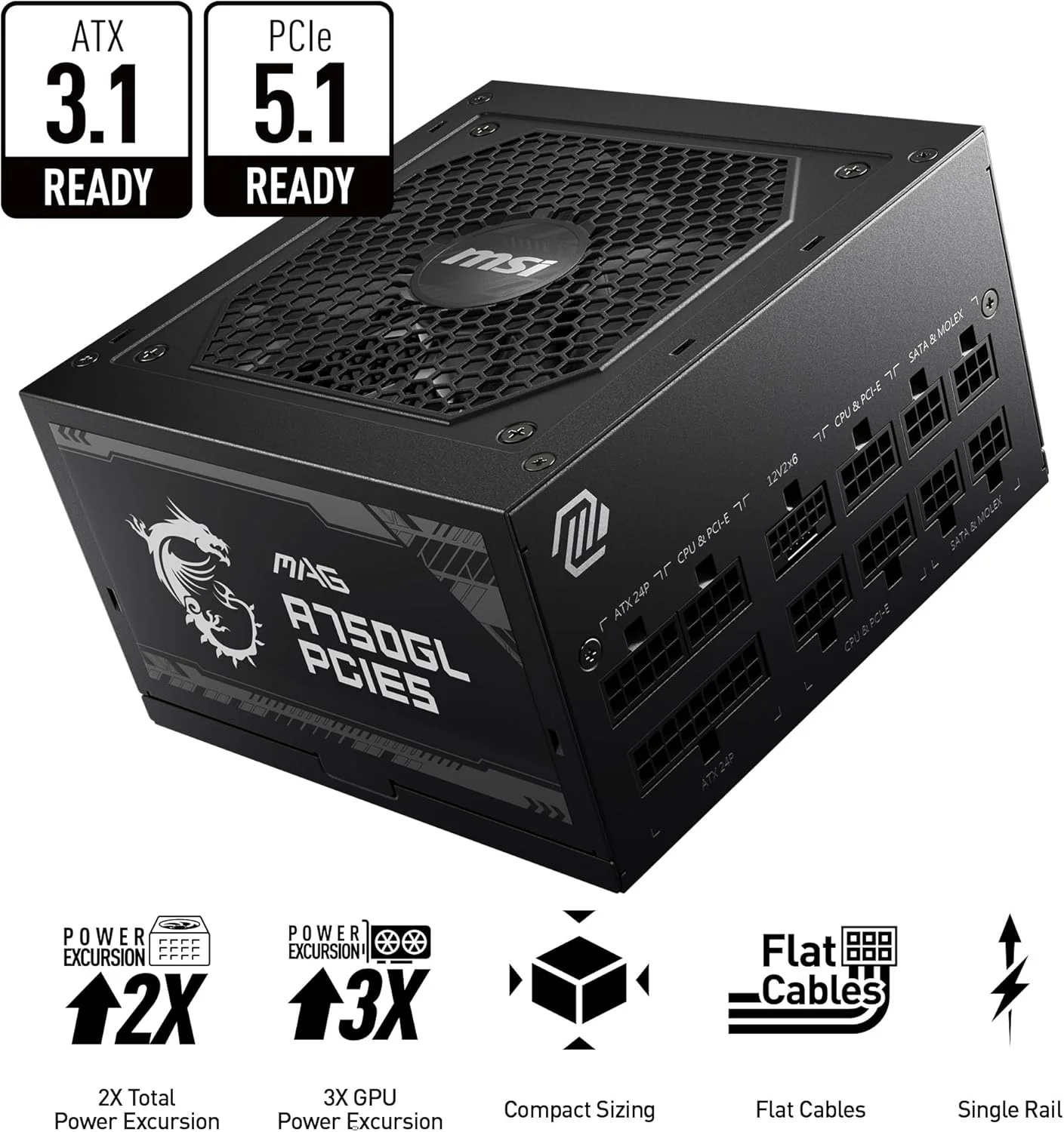 منبع تغذیه ماژولار 750 واتی MSI MAG A750GL PCIE5، نسخه Intel ATX12V 3.0، فن خنک کننده 120 میلی متری، رتبه بندی بازدهی 80 Plus Gold، 4 کانکتور PCIe 6+2 پین، 8 کانکتور SATA - مشکی