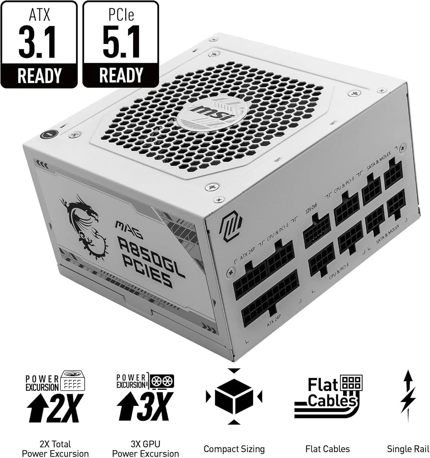 منبع تغذیه گیمینگ ام اس آی MAG 850GL PCIE 5، سفید، کاملاً ماژولار، دارای گواهینامه 80 Plus Gold، توان 850 وات، سایز کامپکت، ATX PSU منبع تغذیه گیمینگ ام اس آی MAG 850GL PCIE 5، سفید، کاملاً ماژولار، دارای گواهینامه 80 Plus Gold، توان 850 وات، سایز کامپکت، ATX PSU