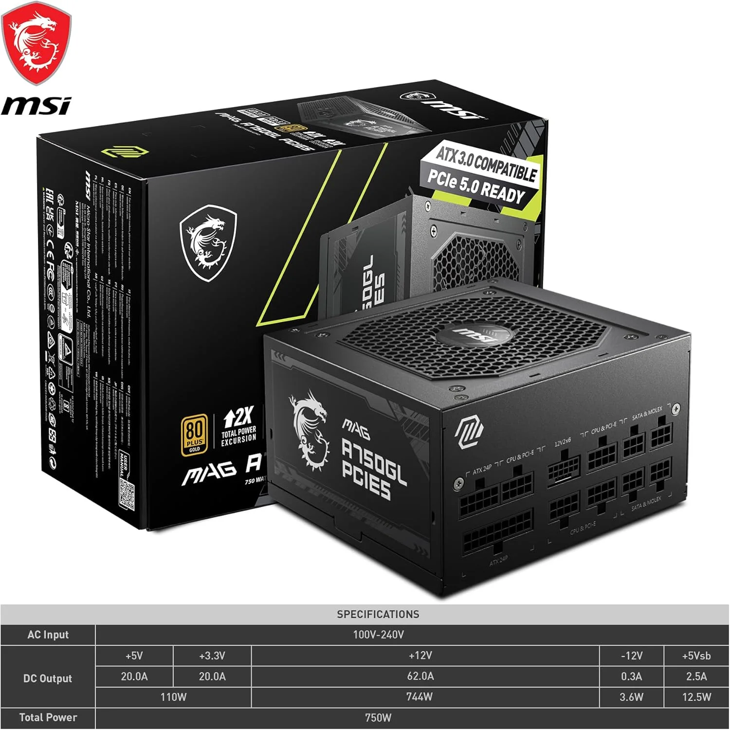 منبع تغذیه ماژولار 750 واتی MSI MAG A750GL PCIE5، نسخه Intel ATX12V 3.0، فن خنک کننده 120 میلی متری، رتبه بندی بازدهی 80 Plus Gold، 4 کانکتور PCIe 6+2 پین، 8 کانکتور SATA - مشکی