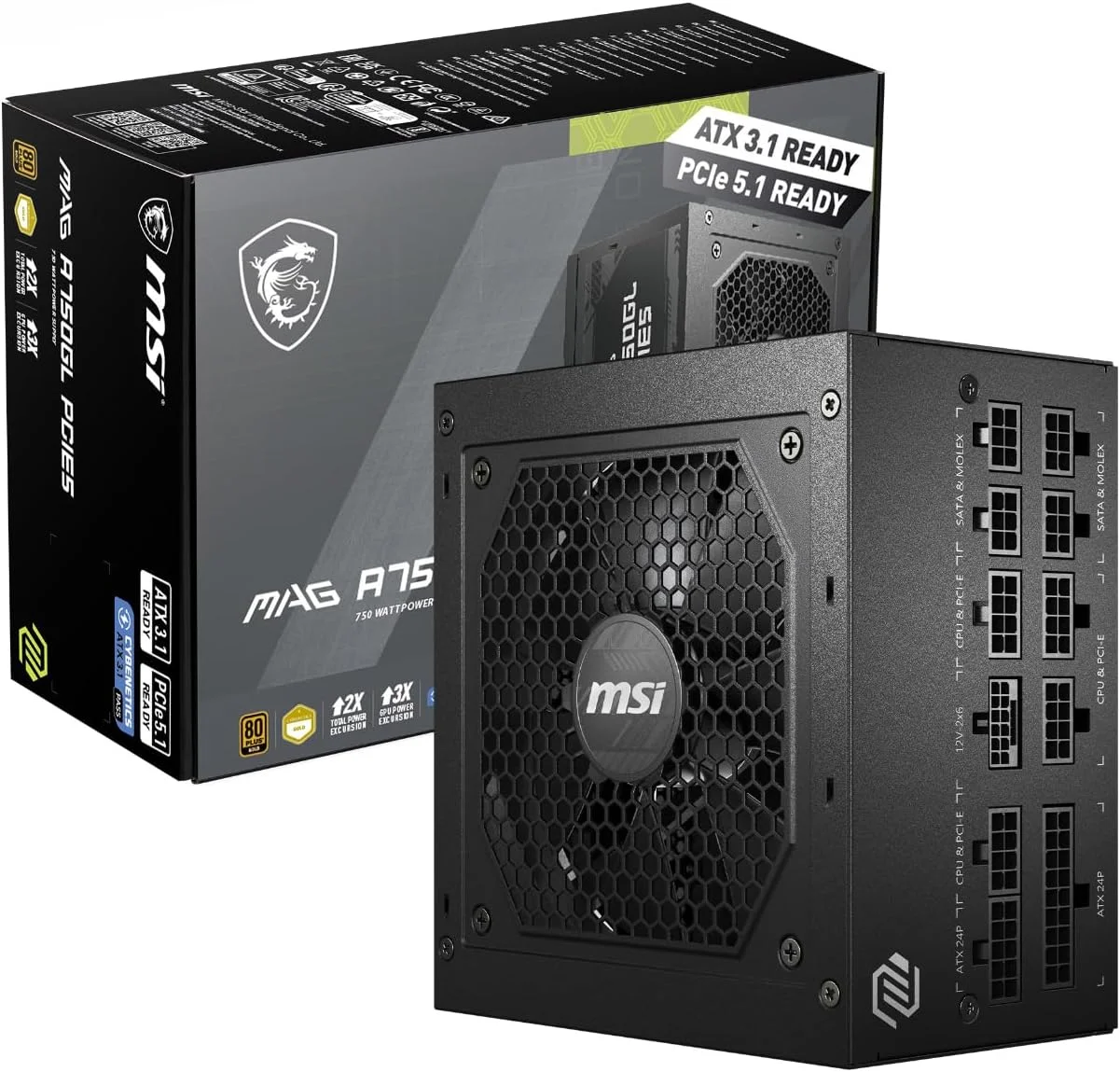 منبع تغذیه ماژولار 750 واتی MSI MAG A750GL PCIE5، نسخه Intel ATX12V 3.0، فن خنک کننده 120 میلی متری، رتبه بندی بازدهی 80 Plus Gold، 4 کانکتور PCIe 6+2 پین، 8 کانکتور SATA - مشکی
