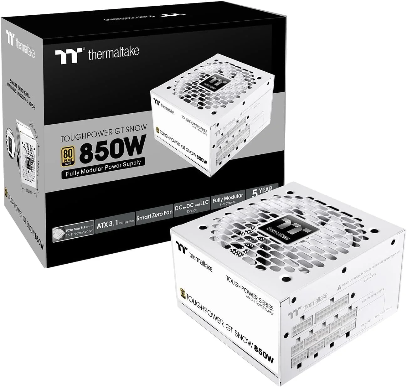 منبع تغذیه ترمالتیک Toughpower GT 850W ATX 3.1 استاندارد: بازدهی 80 پلاس گلد، فن هوشمند Zero، کانکتور بومی 450W PCIe 5.1 - سفید برفی منبع تغذیه ترمالتیک Toughpower GT 850W ATX 3.1 استاندارد: بازدهی 80 پلاس گلد، فن هوشمند Zero، کانکتور بومی 450W PCIe 5.1 - سفید برفی