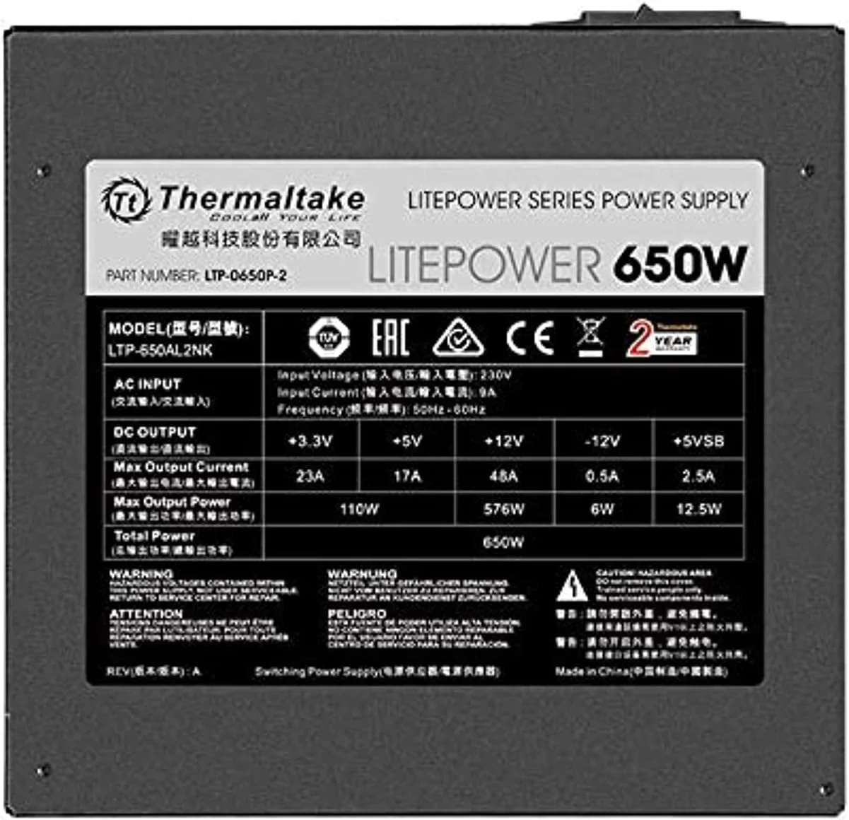 منبع تغذیه 650 وات Thermaltake Litepower، غیر ماژولار، ATX 2.3 و EPS، Active-PFC، PSU، 12 سانتی متر، EU/Non، 80PLUS - مشکی