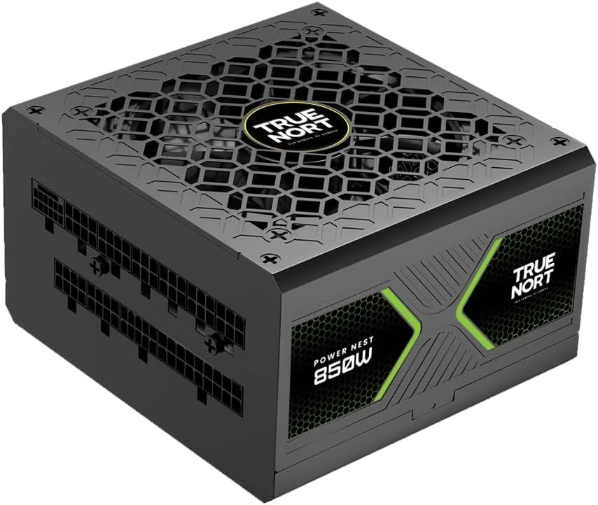 منبع تغذیه 850 وات TrueNort با گواهینامه 80 پلاس گلد، کاملاً ماژولار، ATX 3.1 PCIe 5.1، بازدهی طلایی Cybenetics، خازن های ژاپنی 12 ولت، عملکرد بی صدا، منبع تغذیه گیمینگ سایز 150 میلی متر، مشکی