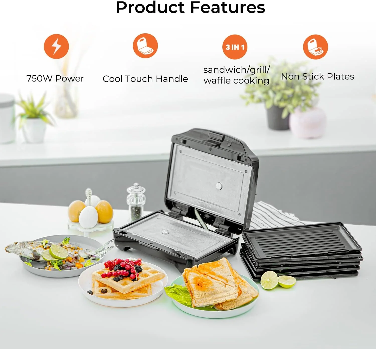 ساندویچ ساز 2 تکه 750 واتی Geepas - پخت ساندویچ های ترد و خوشمزه، دسته لمسی خنک، کنترل اتوماتیک دما و صفحه نچسب برای صبحانه و میان وعده پنیر