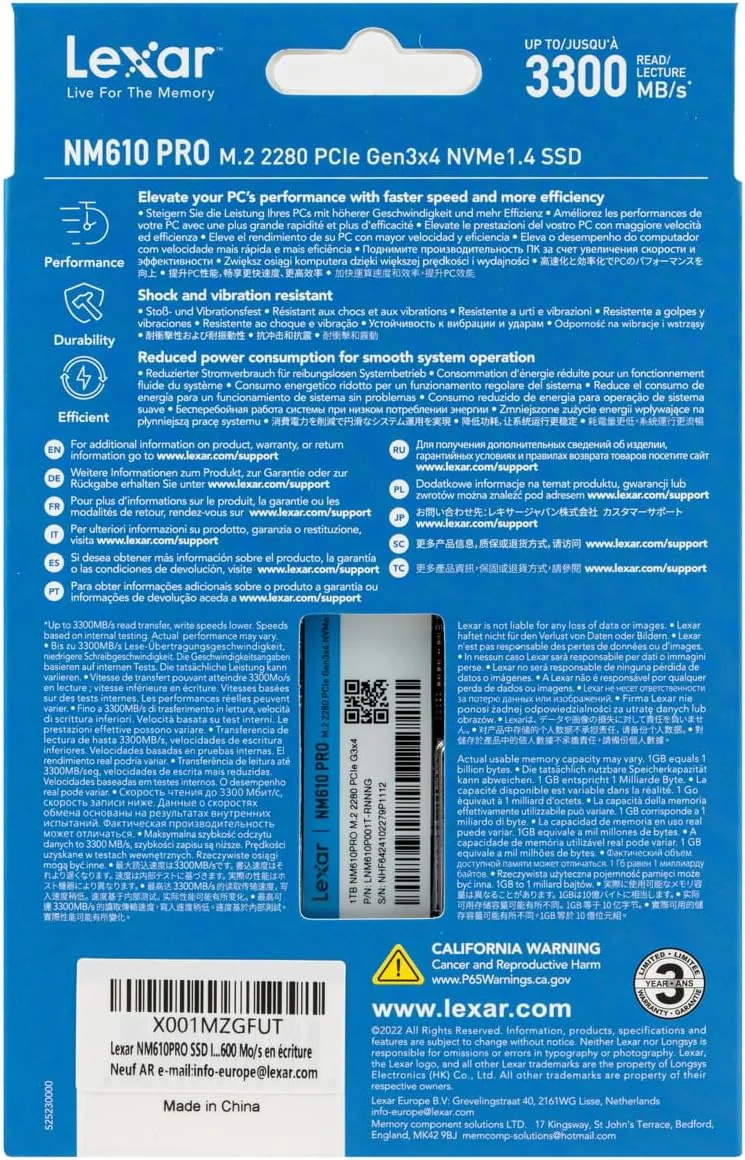 حافظه اس اس دی Lexar NM610PRO، M.2 2280 PCIe Gen3x4 NVMe 1.4 SSD 1TB داخلی، سرعت خواندن تا 3300 مگابایت بر ثانیه، سرعت نوشتن 2600 مگابایت بر ثانیه، درایوهای فلش 3D NAND برای نوت بوک، دسکتاپ، کامپیوتر حافظه اس اس دی Lexar NM610PRO، M.2 2280 PCIe Gen3x4 NVMe 1.4 SSD 1TB داخلی، سرعت خواندن تا 3300 مگابایت بر ثانیه، سرعت نوشتن 2600 مگابایت بر ثانیه، درایوهای فلش 3D NAND برای نوت بوک، دسکتاپ، کامپیوتر