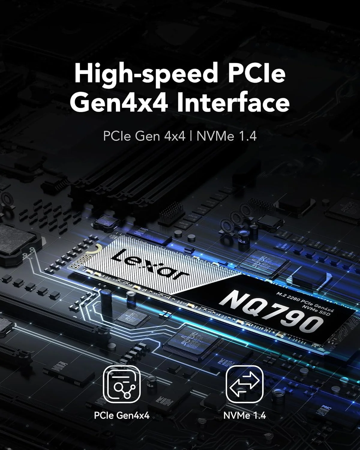 درایو SSD لکسار NQ790 با ظرفیت 1 ترابایت، NVMe، فرم فاکتور M.2 2280، NVMe PCIe 4.0 Gen4x4، سرعت خواندن تا 7000 مگابایت بر ثانیه، سرعت نوشتن 6000 مگابایت بر ثانیه، درایو حالت جامد داخلی سازگار با PS5 و PC Gaming