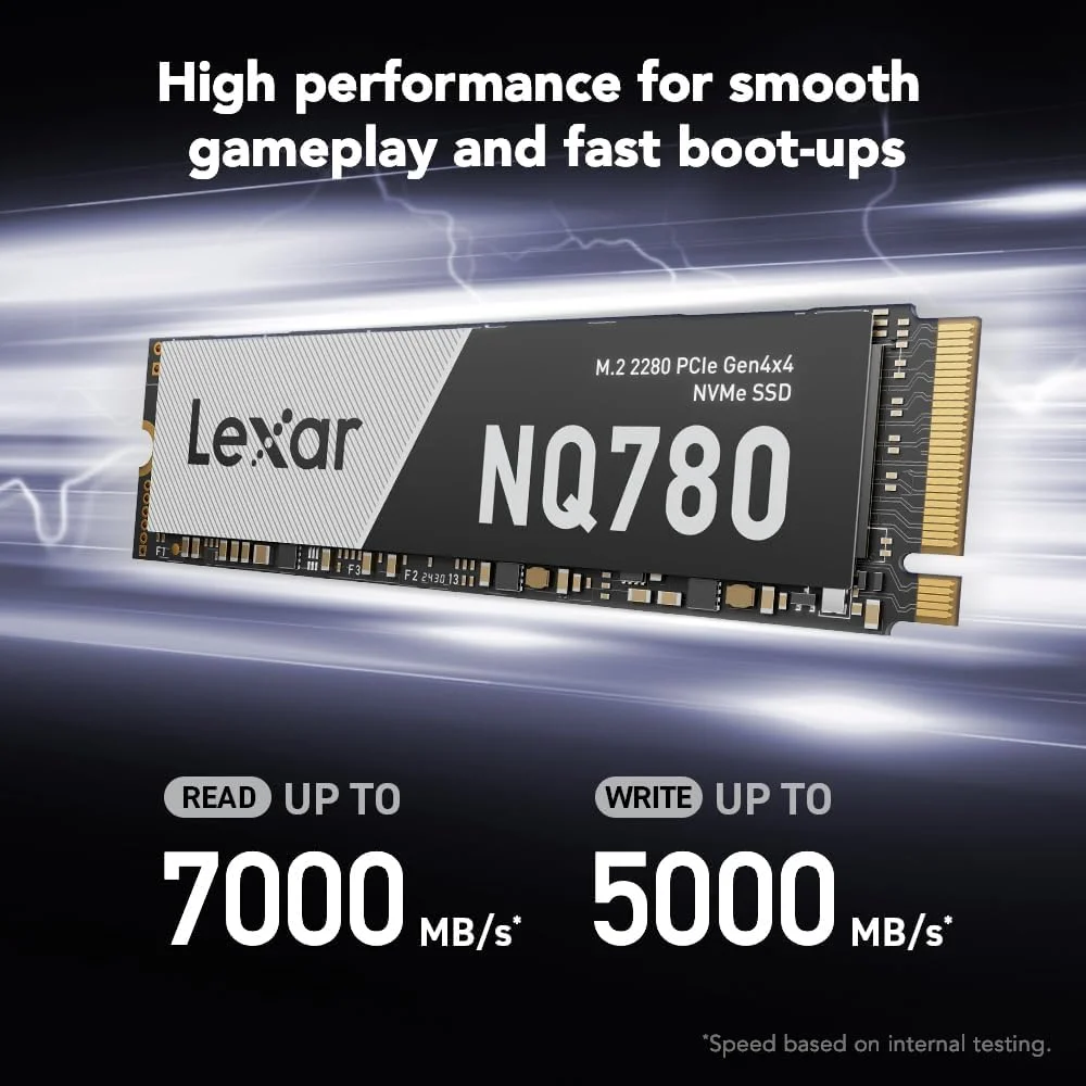 درایو حالت جامد داخلی Lexar 2TB NQ780 SSD PCIe Gen4 NVMe M.2 2280، سرعت خواندن/نوشتن تا 7000/5000 مگابایت بر ثانیه، سازگار با PS5، برای گیمرها و سازندگان (LNQ780X002T-RNNNU)