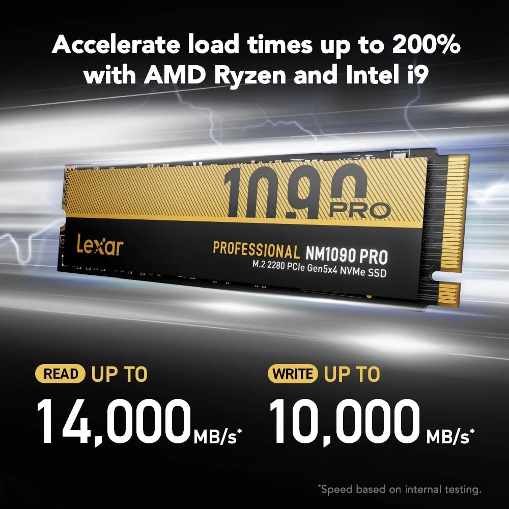 حافظه اس اس دی Lexar NM1090 PRO با ظرفیت 1 ترابایت، PCIe Gen5 NVMe M.2 2280، سرعت خواندن/نوشتن تا 14000/10000 مگابایت بر ثانیه، طراحی پیشرفته کنترل حرارت، فعال شده با DirectStorage، برای گیمرها و تولیدکنندگان محتوا (LNM109P001T-RNNNU) حافظه اس اس دی Lexar NM1090 PRO با ظرفیت 1 ترابایت، PCIe Gen5 NVMe M.2 2280، سرعت خواندن/نوشتن تا 14000/10000 مگابایت بر ثانیه، طراحی پیشرفته کنترل حرارت، فعال شده با DirectStorage، برای گیمرها و تولیدکنندگان محتوا (LNM109P001T-RNNNU)
