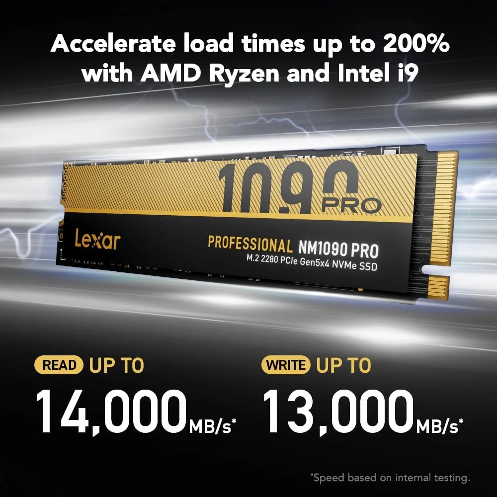 حافظه اس اس دی داخلی Lexar 4TB NM1090 PRO SSD PCIe Gen5 NVMe M.2 2280، سرعت خواندن/نوشتن تا 14000/13000 مگابایت بر ثانیه، طراحی پیشرفته کنترل حرارت، فعال شده با DirectStorage، برای گیمرها و تولیدکنندگان محتوا (LNM109P004T-RNNNU)