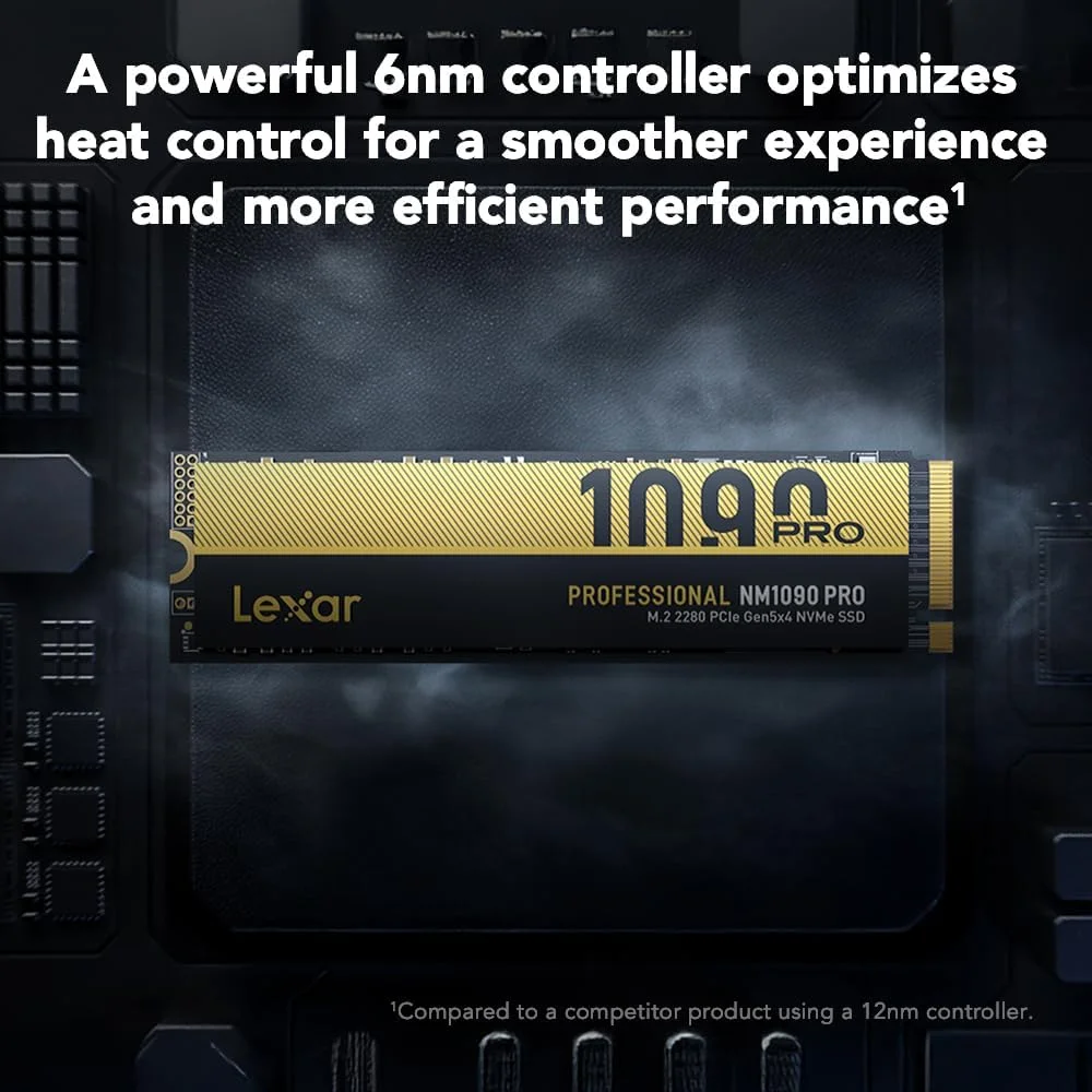 حافظه اس اس دی داخلی Lexar 4TB NM1090 PRO SSD PCIe Gen5 NVMe M.2 2280، سرعت خواندن/نوشتن تا 14000/13000 مگابایت بر ثانیه، طراحی پیشرفته کنترل حرارت، فعال شده با DirectStorage، برای گیمرها و تولیدکنندگان محتوا (LNM109P004T-RNNNU)