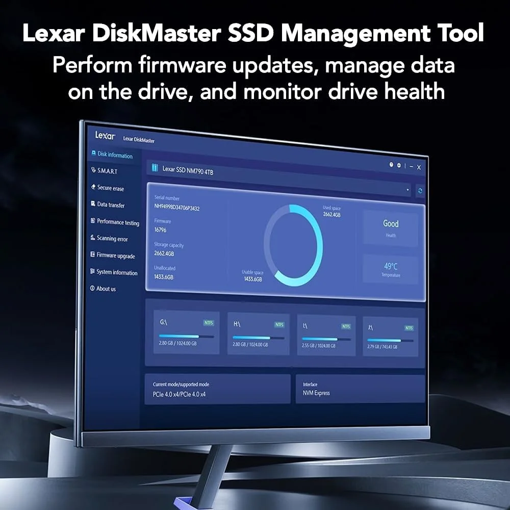 حافظه اس اس دی داخلی Lexar 4TB NM1090 PRO SSD PCIe Gen5 NVMe M.2 2280، سرعت خواندن/نوشتن تا 14000/13000 مگابایت بر ثانیه، طراحی پیشرفته کنترل حرارت، فعال شده با DirectStorage، برای گیمرها و تولیدکنندگان محتوا (LNM109P004T-RNNNU)