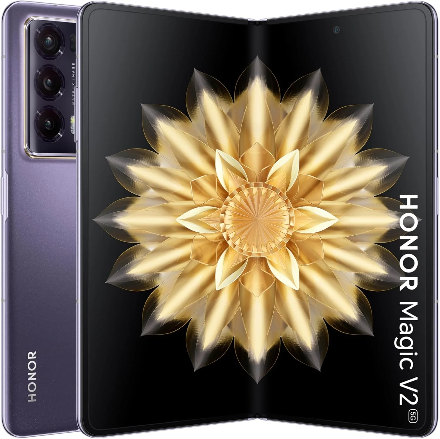 گوشی هوشمند تاشو Honor Magic V2 5G، باریک‌ترین، 16 گیگابایت رم + 512 گیگابایت رام، نمایشگر دوگانه 120 هرتز LTPO OLED، پردازنده پرچمدار Snapdragon 8 Gen 2 (4 نانومتری)، دوربین 50+20+50 مگاپیکسلی OIS، شیشه بنفش