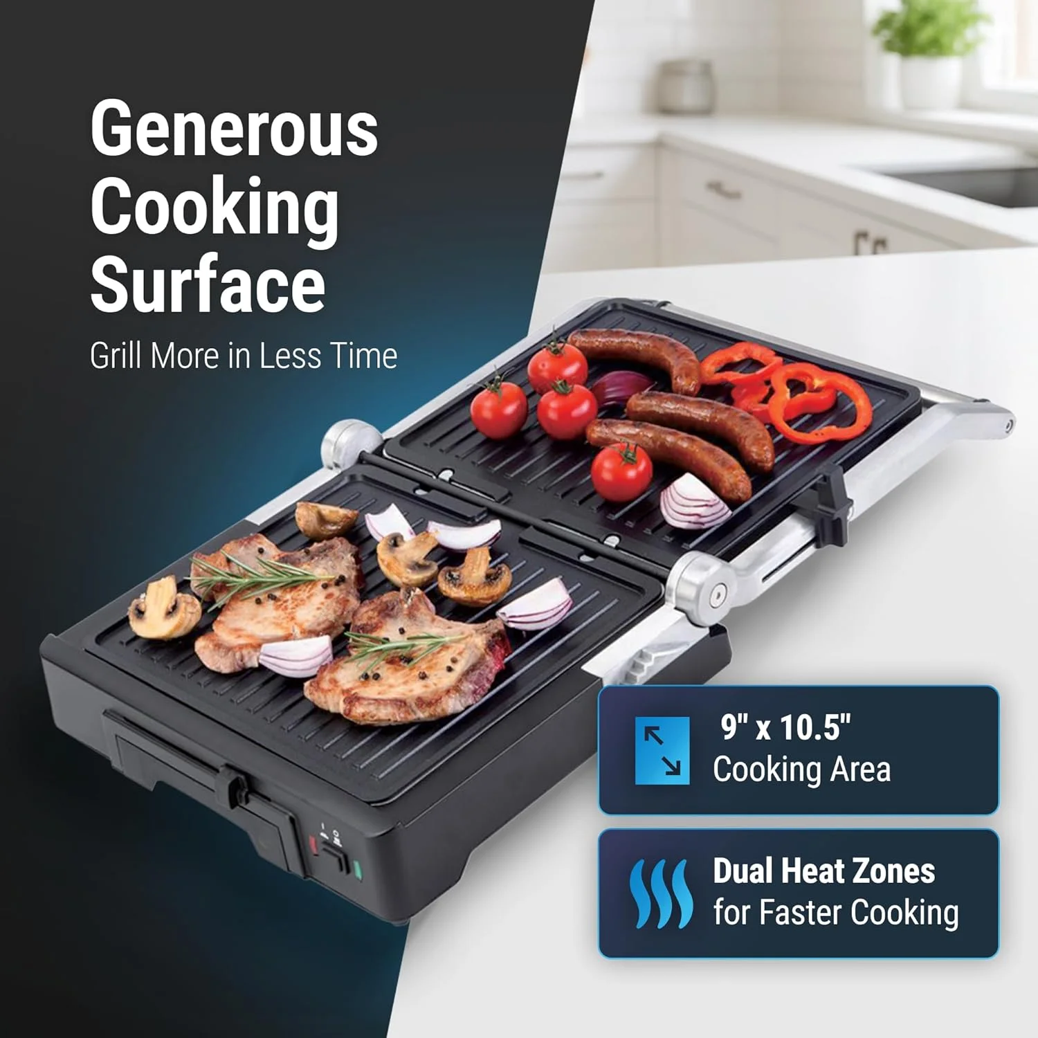 گریل تماسی دوو - گریل پرس 2000 وات با کنترل دما، تنظیم ارتفاع، سطح نچسب برای پانینی، گوشت، سبزیجات - DCG-5003 - 2 سال گارانتی