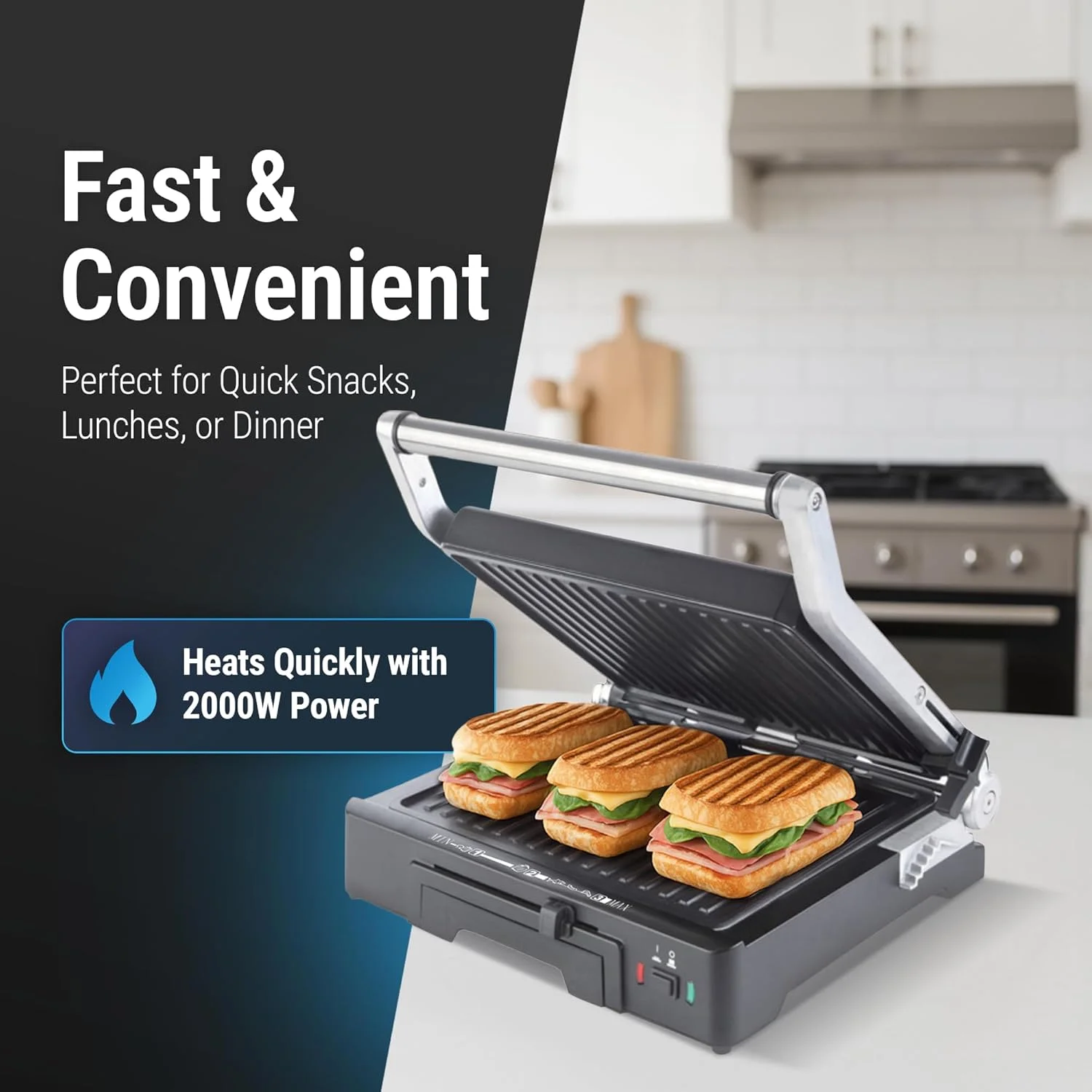 گریل تماسی دوو - گریل پرس 2000 وات با کنترل دما، تنظیم ارتفاع، سطح نچسب برای پانینی، گوشت، سبزیجات - DCG-5003 - 2 سال گارانتی